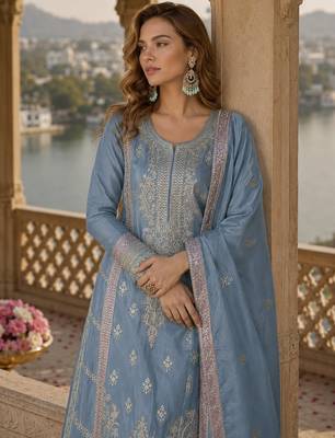 Sky-blue chinon palazzo suit with embroidery sequin work 2