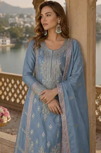 Sky-blue chinon palazzo suit with embroidery sequin work