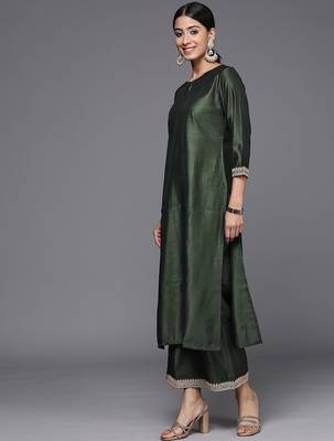 Women green sequinned liva kurta with palazzos & with dupatta 5