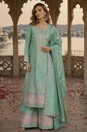Sea-green chinon readymade palazzo suit with embroidery sequin work