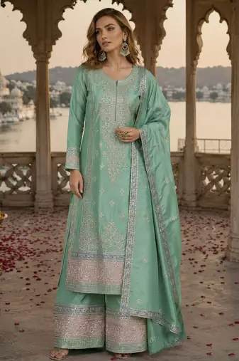 Sea-green chinon readymade palazzo suit with embroidery sequence work