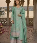 Sea-green chinon readymade palazzo suit with embroidery sequence work