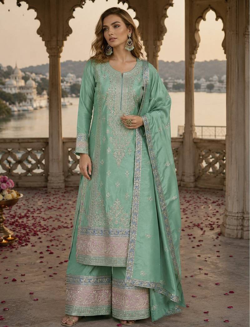 Sea-green chinon readymade palazzo suit with embroidery sequence work