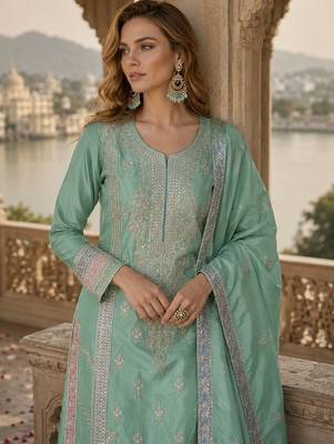 Sea-green chinon readymade palazzo suit with embroidery sequin work 2