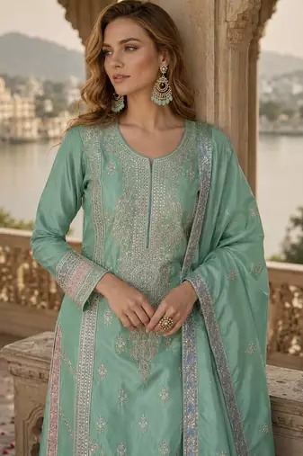 Sea-green chinon readymade palazzo suit with embroidery sequence work