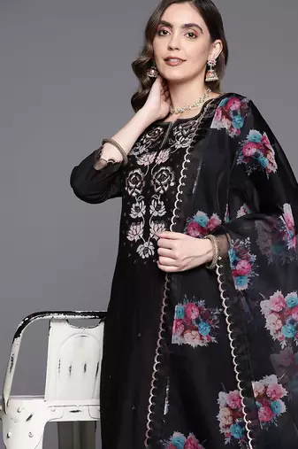 Floral embroidered thread work liva kurta with trousers & with dupatta