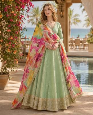 Green shimmer free size stitched anarkali suit with sequin embroidery foil stich work 1