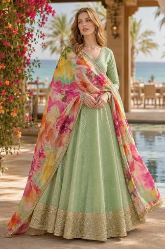 Green shimmer free size stitched anarkali suit with sequin embroidery foil stich work