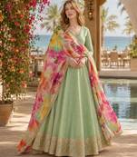 Green shimmer free size stitched anarkali suit with sequence embroidery foil stich work