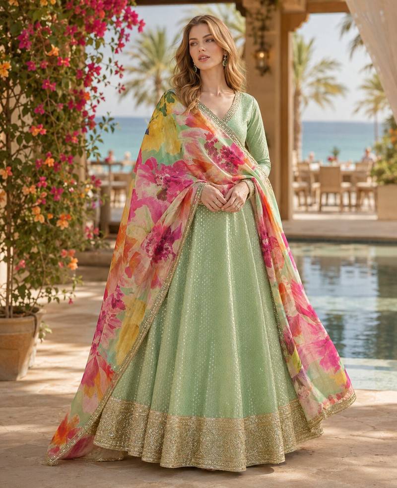 Green shimmer free size stitched anarkali suit with sequence embroidery foil stich work