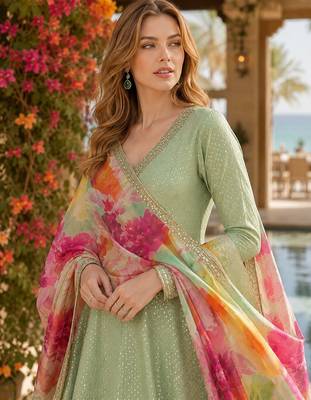 Green shimmer free size stitched anarkali suit with sequin embroidery foil stich work 2