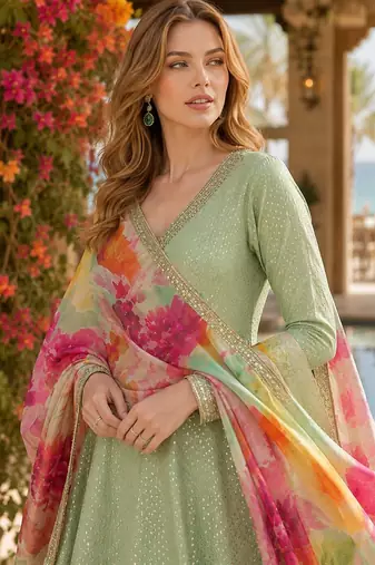 Green shimmer free size stitched anarkali suit with sequin embroidery foil stich work