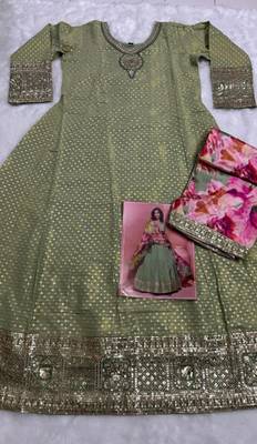 Green shimmer free size stitched anarkali suit with sequin embroidery foil stich work 3