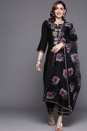Floral embroidered thread work liva kurta with trousers & with dupatta