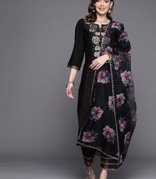 Floral embroidered thread work liva kurta with trousers & with dupatta