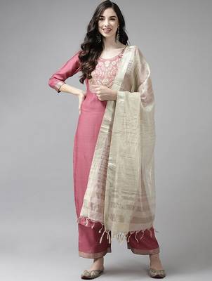 Pink & off white ethnic mottifs yoke design kurta with palazzos & dupatta 1
