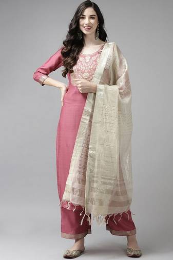 Pink & off white ethnic mottifs yoke design kurta with palazzos & dupatta