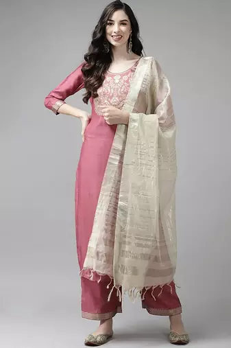 Pink & off white ethnic mottifs yoke design kurta with palazzos & dupatta