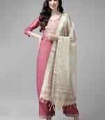 Pink & off white ethnic mottifs yoke design kurta with palazzos & dupatta