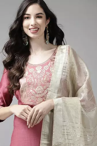 Pink & off white ethnic mottifs yoke design kurta with palazzos & dupatta