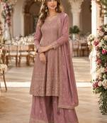 Peach heavy fox georgette free size stitched suit with sequence work