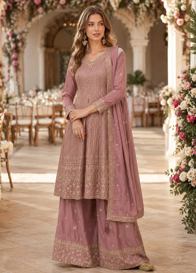 Peach heavy fox georgette free size stitched suit with sequence work