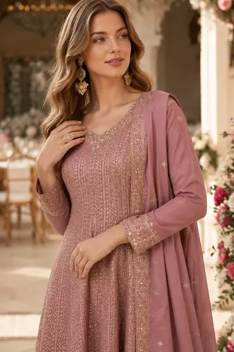 Peach heavy fox georgette free size stitched suit with sequin work