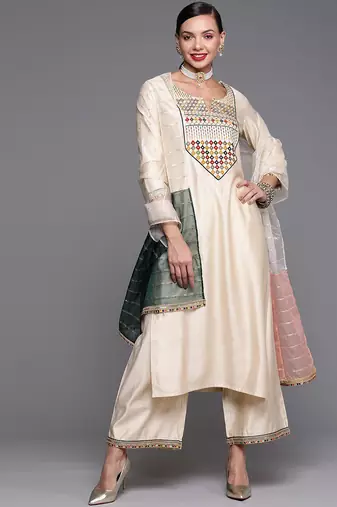 Women embroidered thread work cotton kurta with palazzos & dupatta