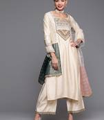 Women embroidered thread work cotton kurta with palazzos & dupatta
