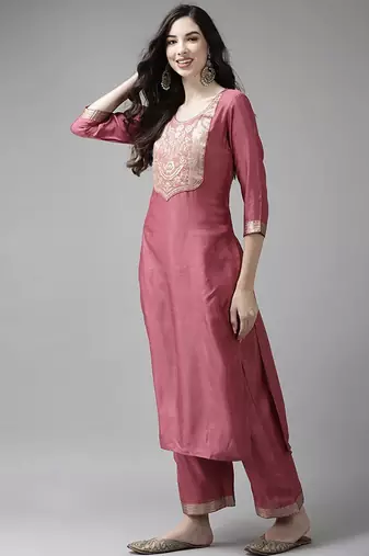 Pink & off white ethnic mottifs yoke design kurta with palazzos & dupatta