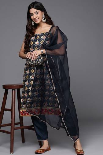 Women blue ethnic motifs printed kurta with trousers & with dupatta