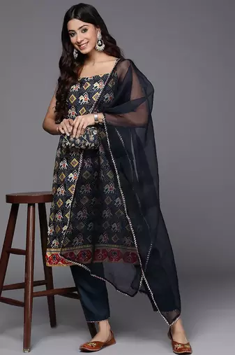 Women blue ethnic motifs printed kurta with trousers & with dupatta