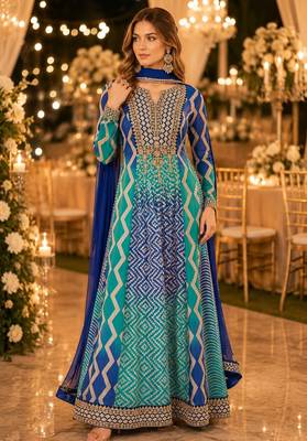 Blue chinon free size stitched anarkali suits with embroidery & sequin work 1
