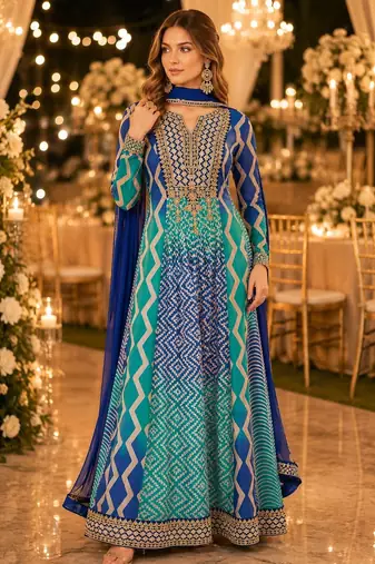 Blue chinon free size stitched anarkali suits with embroidery & sequence work