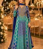 Blue chinon free size stitched anarkali suits with embroidery & sequence work