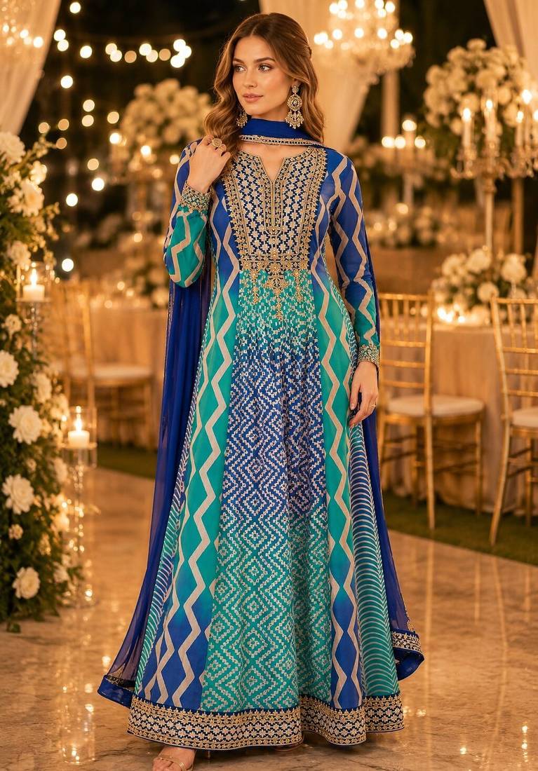Blue chinon free size stitched anarkali suits with embroidery & sequence work