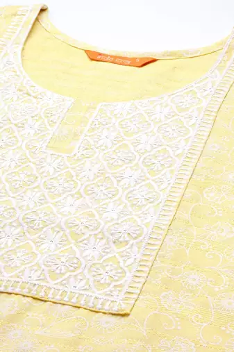 Women yellow embroidered thread work kurta with trousers & dupatta
