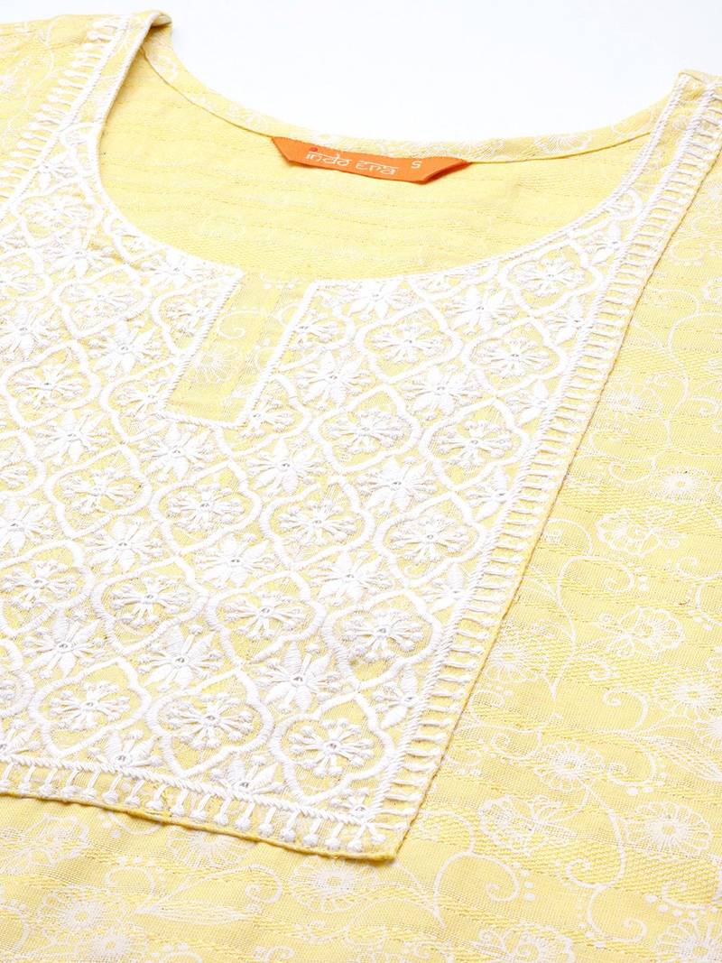 Women yellow embroidered thread work kurta with trousers & dupatta