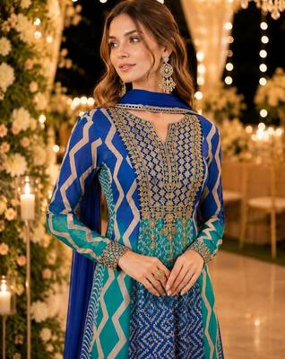 Blue chinon free size stitched anarkali suits with embroidery & sequin work 2
