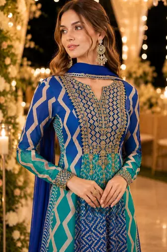Blue chinon free size stitched anarkali suits with embroidery & sequence work