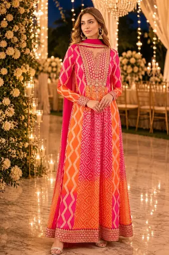 Pink chinon free size stitched anarkali suits with embroidery & sequence work