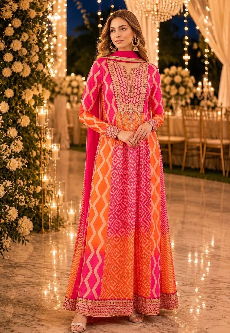 Pink chinon free size stitched anarkali suits with embroidery & sequence work