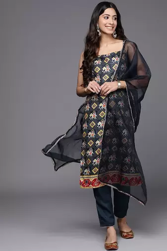 Women blue ethnic motifs printed kurta with trousers & with dupatta