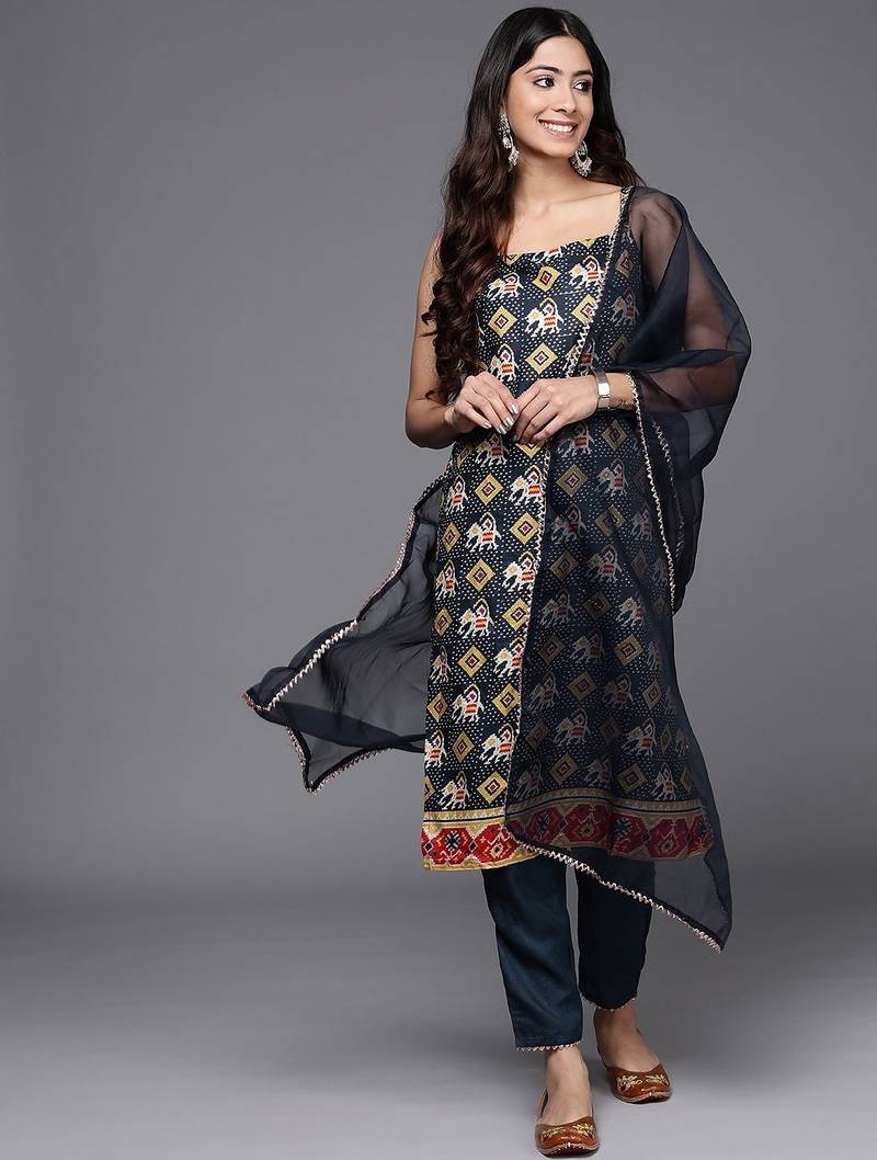 Women blue ethnic motifs printed kurta with trousers & with dupatta