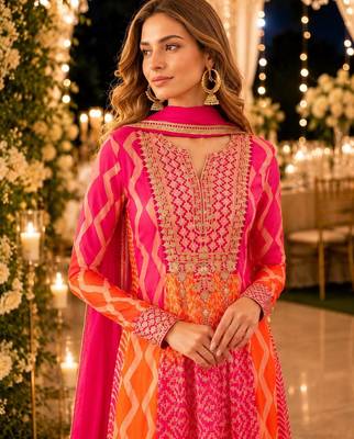 Pink chinon free size stitched anarkali suits with embroidery & sequin work 2