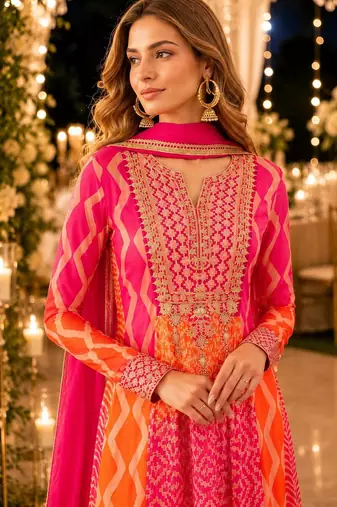 Pink chinon free size stitched anarkali suits with embroidery & sequence work