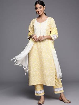 Women yellow embroidered thread work kurta with trousers & dupatta 1