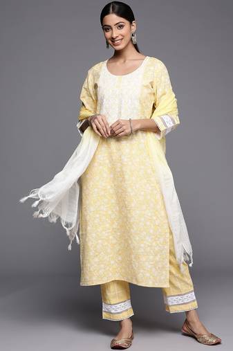 Women yellow embroidered thread work kurta with trousers & dupatta