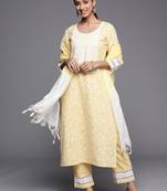 Women yellow embroidered thread work kurta with trousers & dupatta