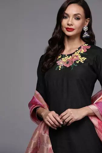 Women black embroidered kurta with palazzos & with dupatta